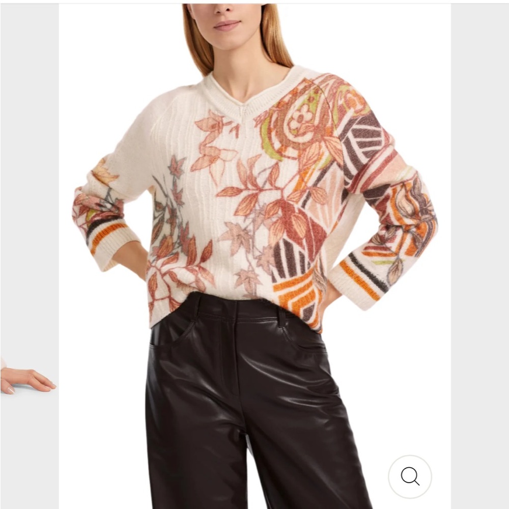 Marc Cain Womens Alpaca Intarsia Floral Print Sweater Deep Pumpkin Size N 2 6 US